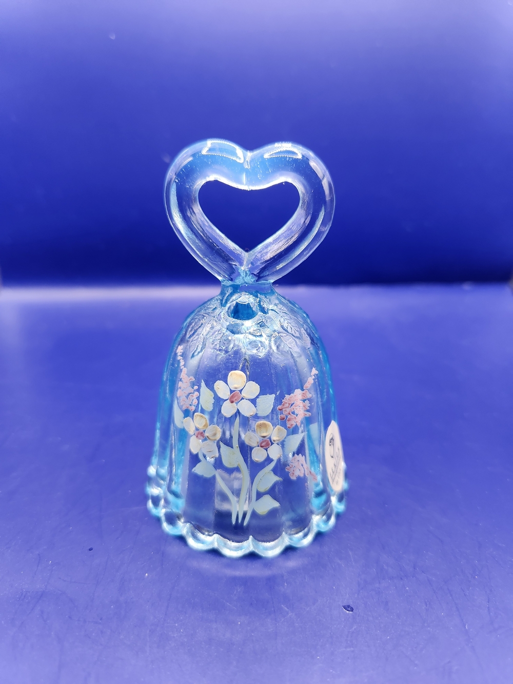 Fenton Hand-Painted Blue Glass Bell W/Heart Handle